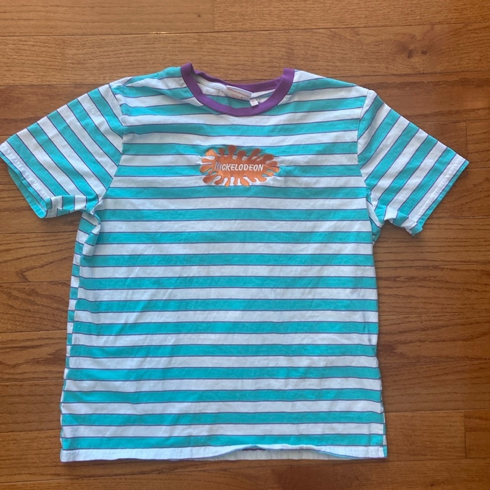Size XL T-Shirt Nickelodeon Orange Embroidered V Splat Logo Retro Stripes